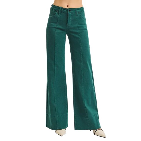 Hunter Green Tummy Control Mid Rise Wide Leg Jeans Pin Tuck Denim - Picture 2 of 4